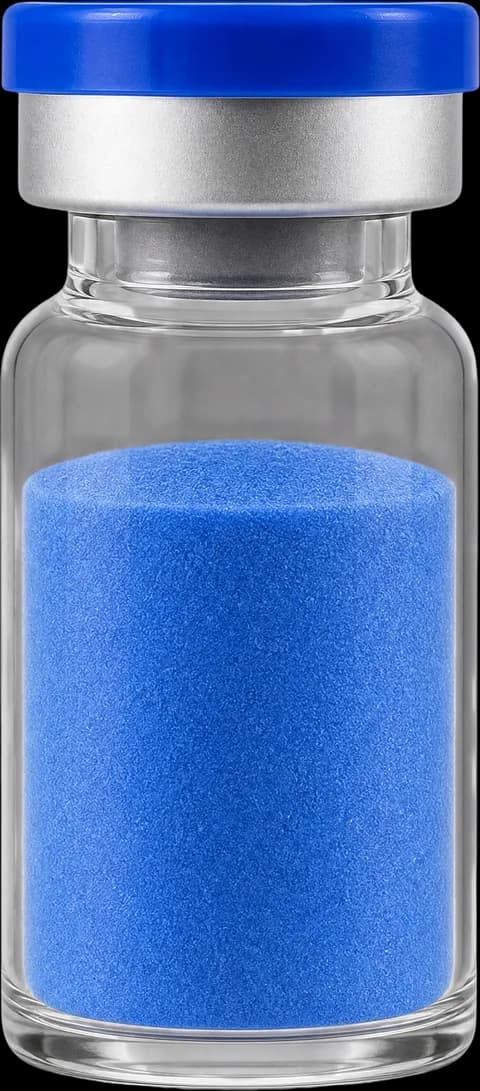 Blue lyophilized GHK-Cu powder in a sealed glass vial (product image)